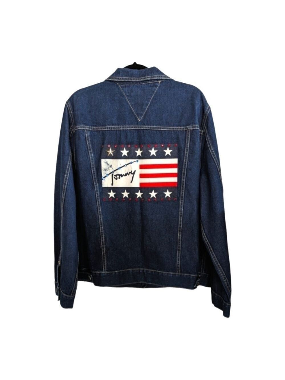 Tommy Hilfiger 90s Spell Out Bling Flag Patch Jean Jacket Size 2X VTG